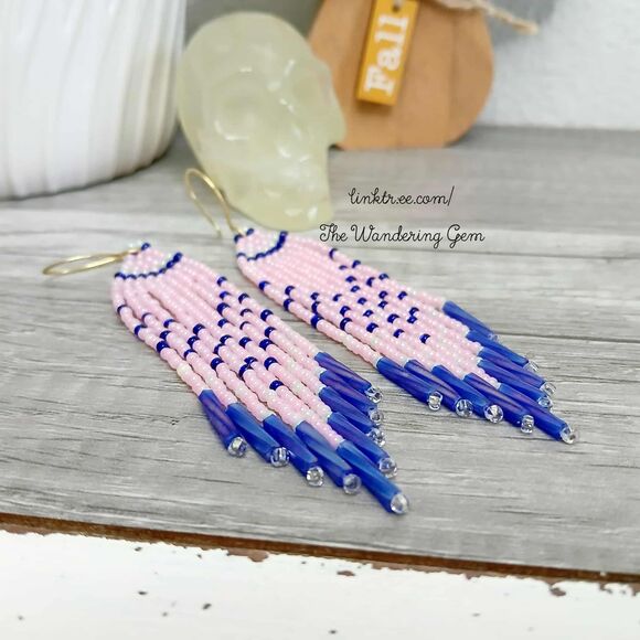 Pink & Blue Beaded Fringe Cascade Shoulder Duster Dangle Earrings, Boho Chic 4" - Picture 5 of 7